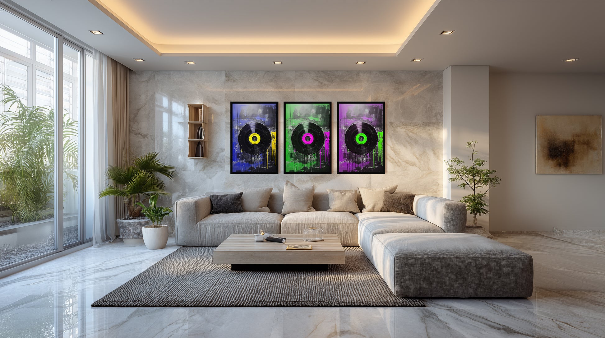 Triptych vinyl record art set above white sofa in modern living room