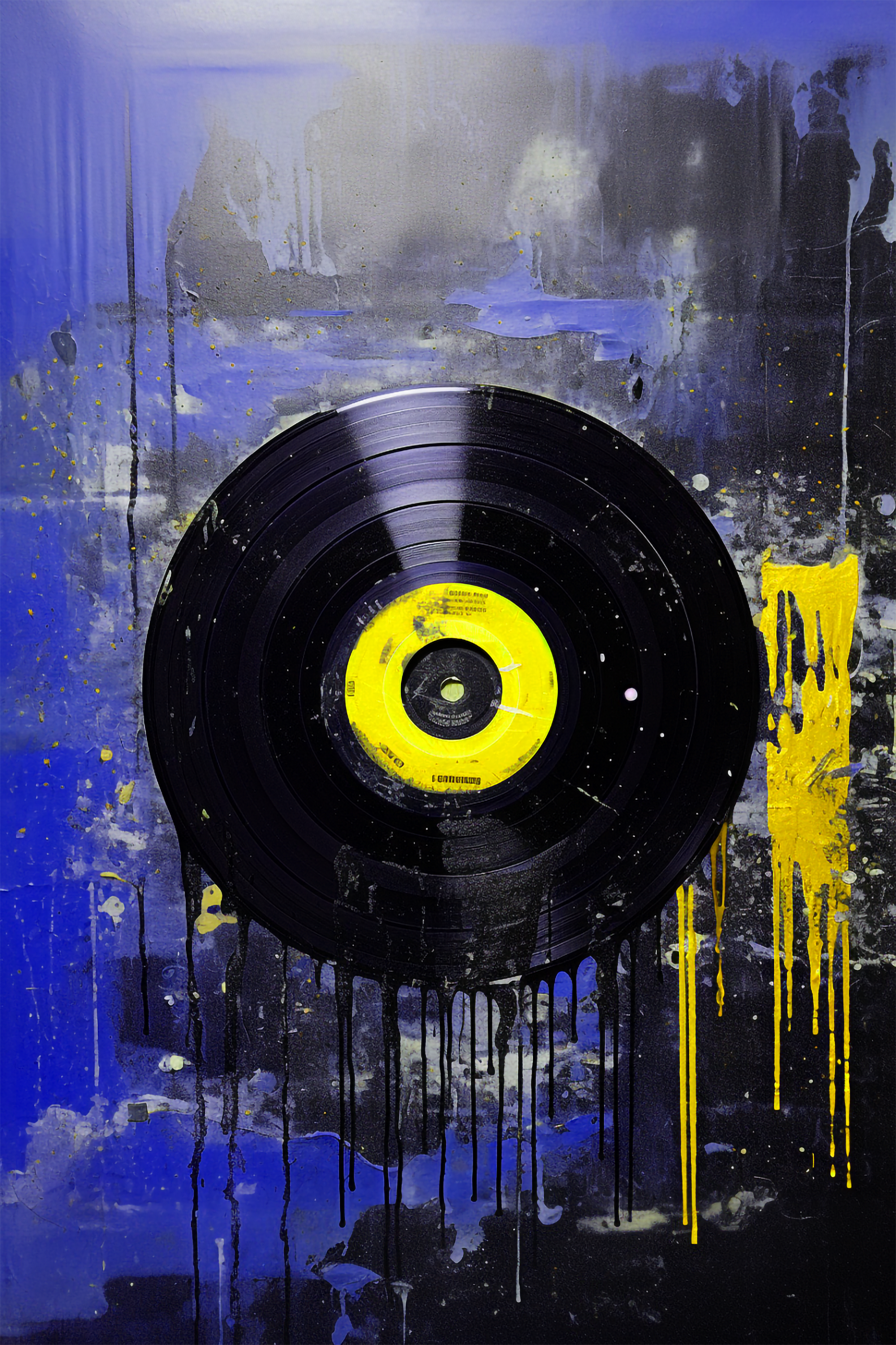 Triptych vinyl record wall art with blue and yellow prints in modern living room