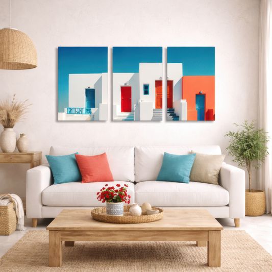 Three panel white and coral facade wall art with turquoise and red doors displayed above neutral sofa in bright minimalist living room interior