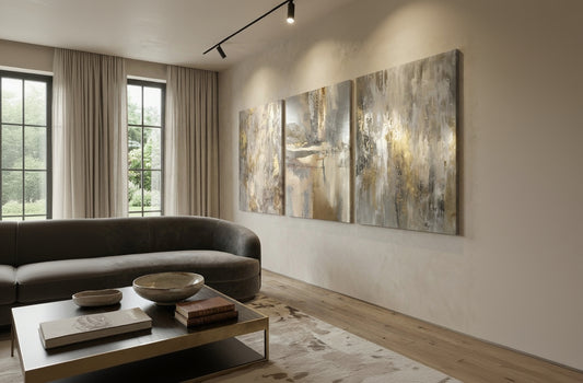 Luxe Gold & Grey Abstract Triptych | Minimalist Large Wall Art | Matte Aluminum Metal Print Set