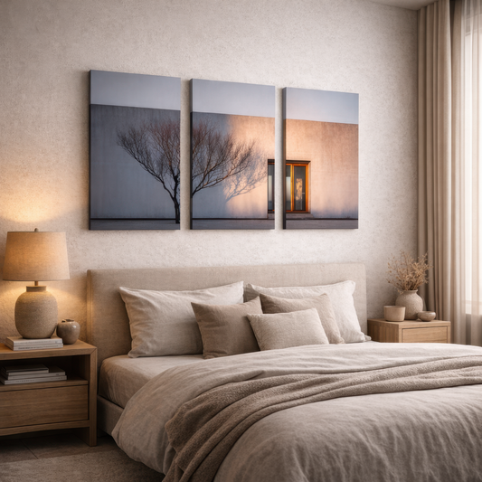 Three panel minimalist wall art featuring tree shadow and warm window light installed above neutral upholstered bed in contemporary beige bedroom interior