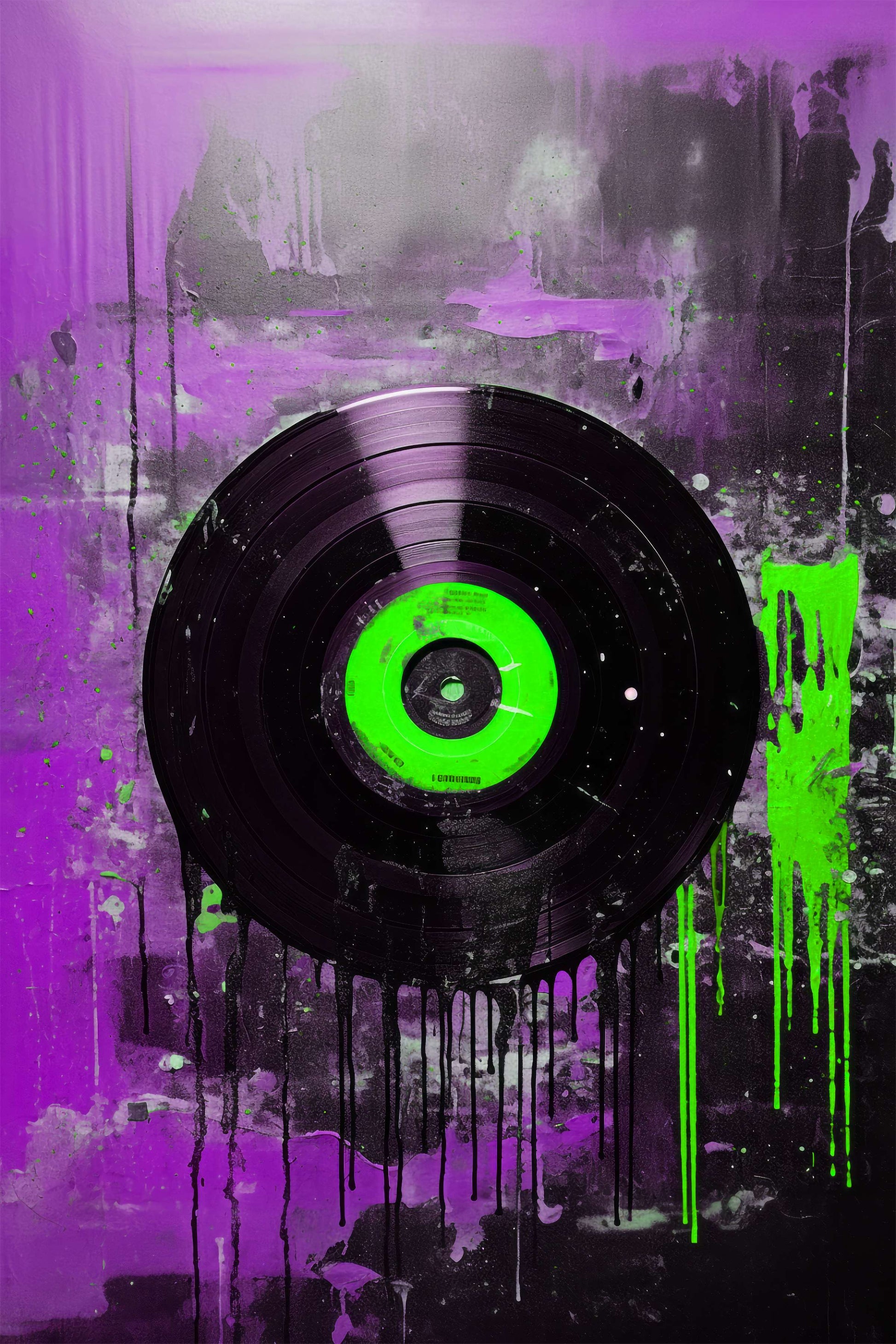 Colorful vinyl record triptych wall art set in creative studio space