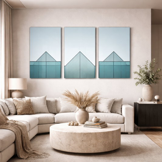 Three panel minimalist glass architecture artwork installed above neutral sofa in elegant contemporary living room interior