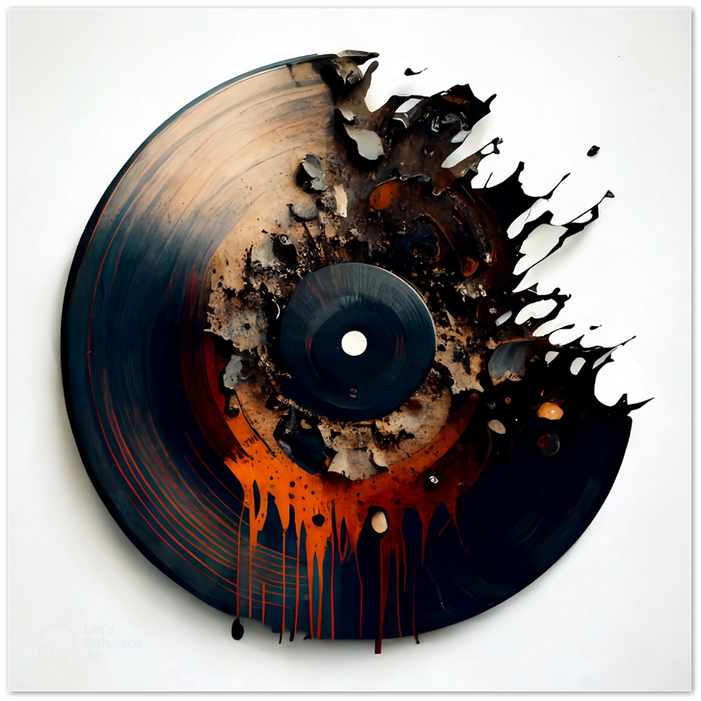 Close-up of vinyl record design poster in metallic frame