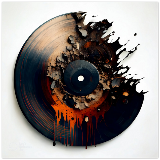 Close-up of vinyl record design poster in metallic frame