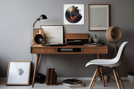 Metal print of abstract vinyl design above mid-century console