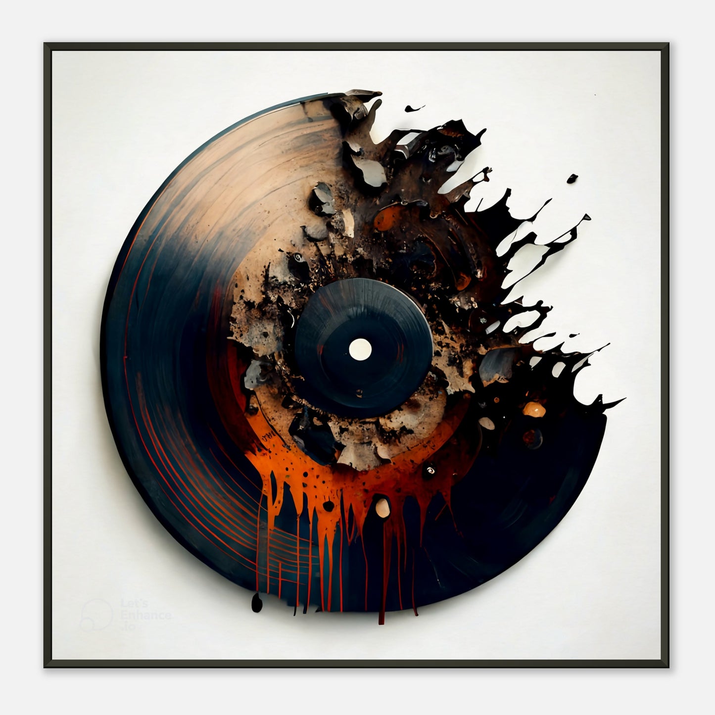 Framed vinyl record wall art on white wall in modern studio