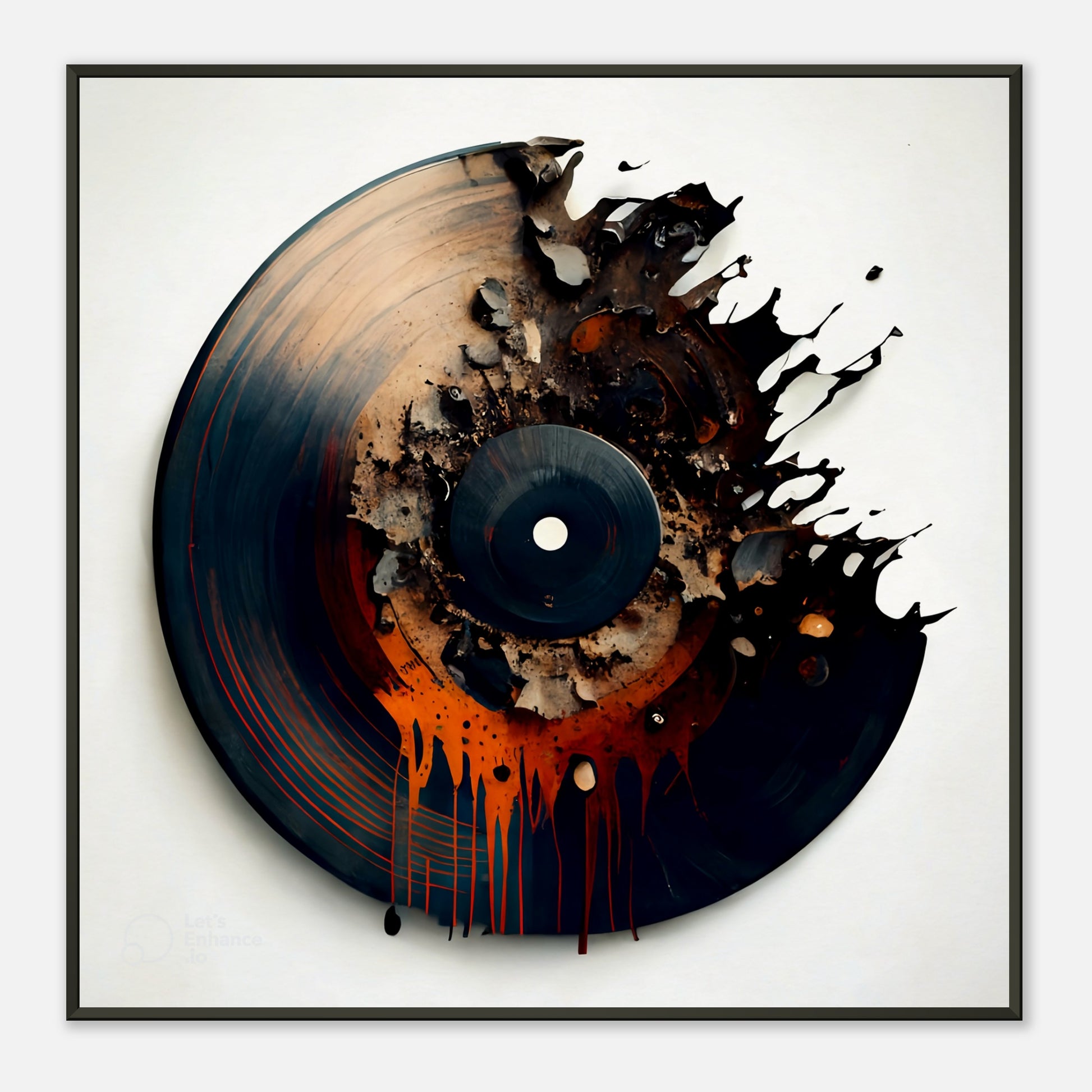 Framed vinyl record wall art on white wall in modern studio
