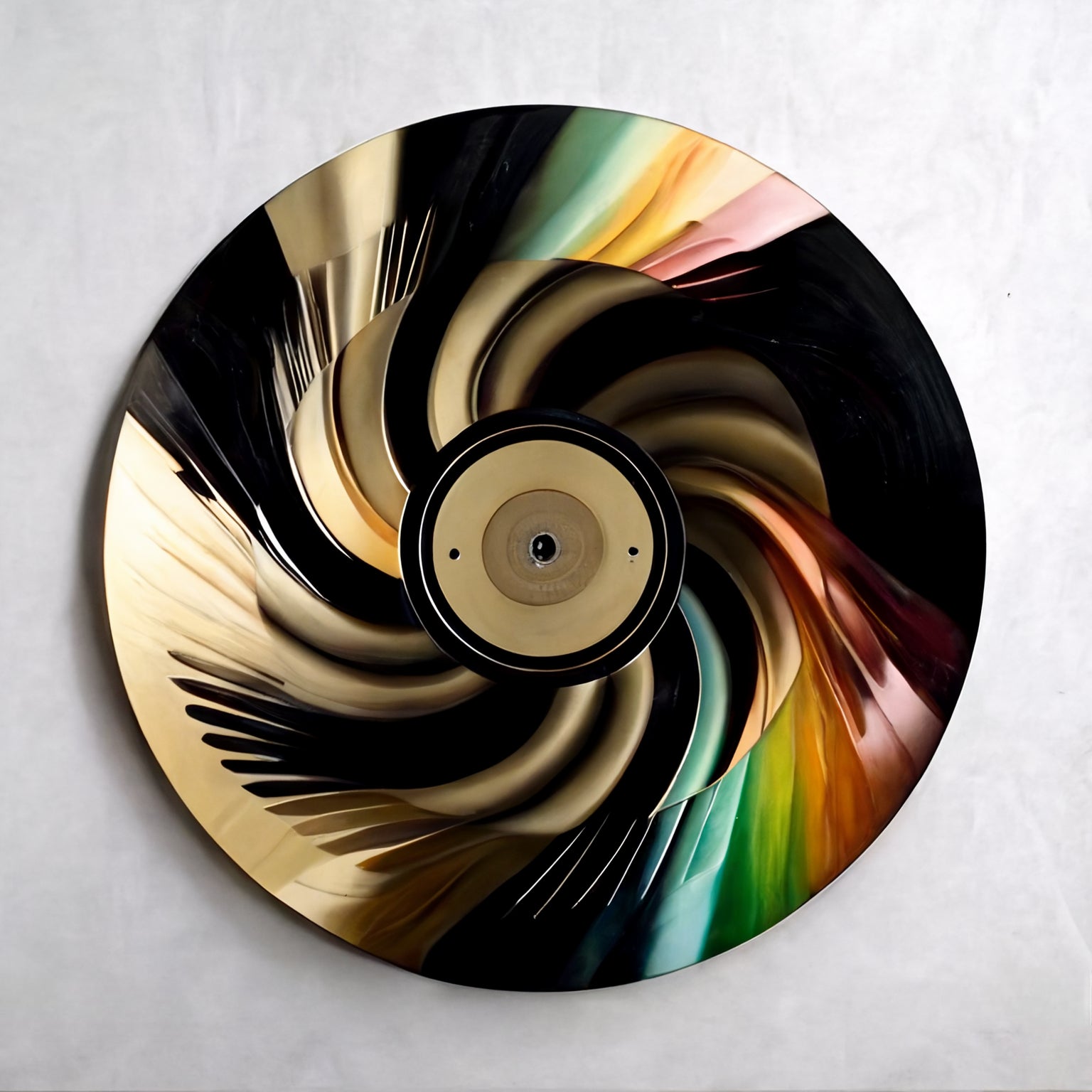 Aluminum print of vinyl record design in creative workspace