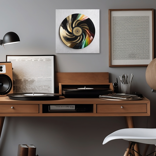 Vinyl record wall art in a music studio above desk