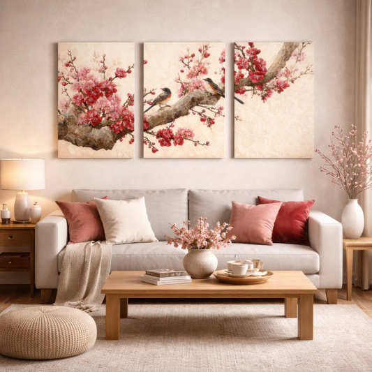 japanese cherry blossom birds triptych wall art displayed above sofa in modern living room