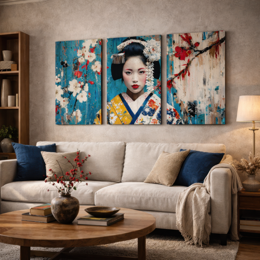 japanese geisha cherry blossom triptych wall art above sofa in modern living room interior