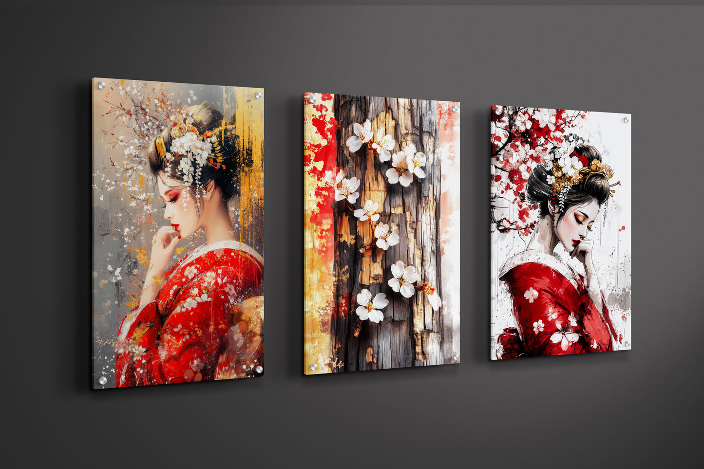 Close-up view of Japanese Geisha triptych showing delicate details