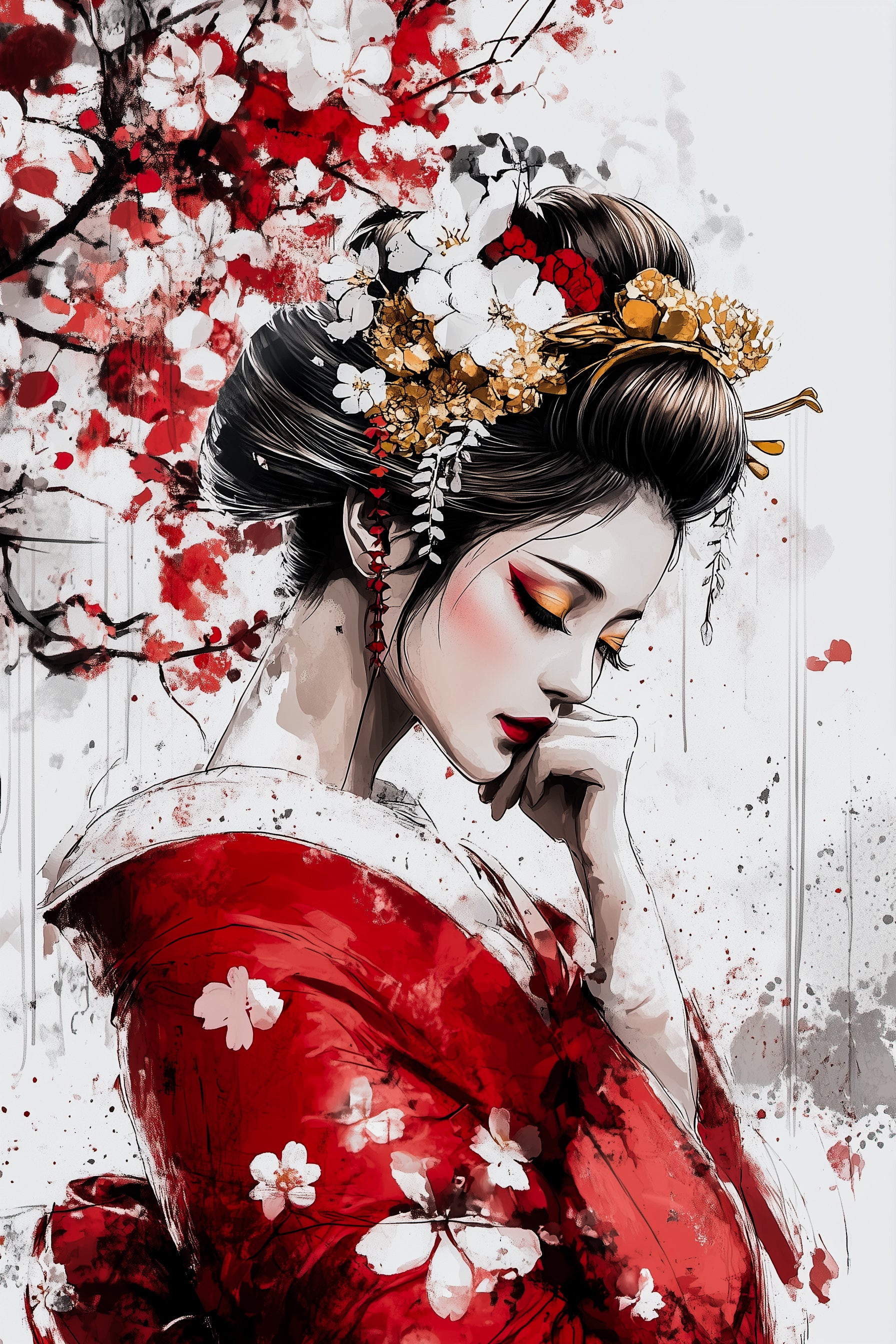 Japanese Geisha triptych in modern living room with white sofa