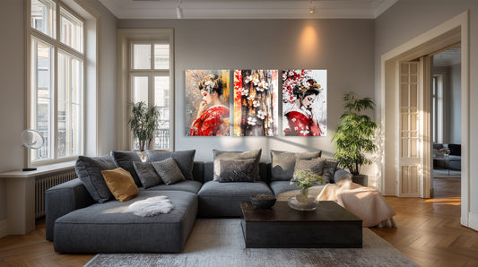 Japanese Geisha triptych wall art in acrylic glass above white sofa