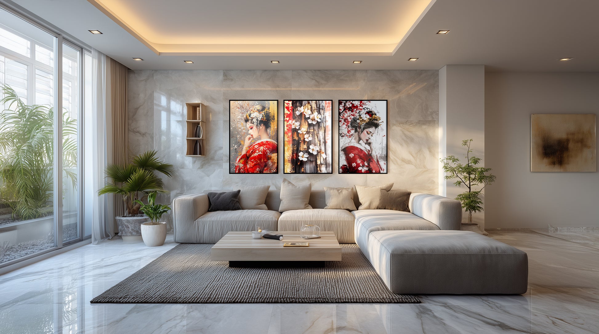 Japanese Geisha triptych wall art in metal frame with elegant decor