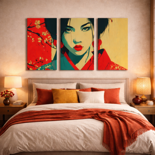 japanese geisha wall art triptych displayed above bed in warm japandi style bedroom interior