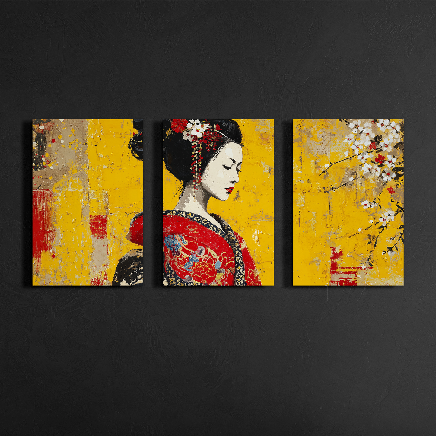 japanese geisha wall art triptych with yellow background displayed on black textured gallery wall