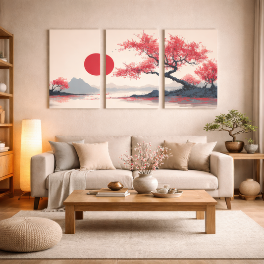 japanese sakura sunset landscape triptych wall art displayed above beige sofa in modern japandi living room
