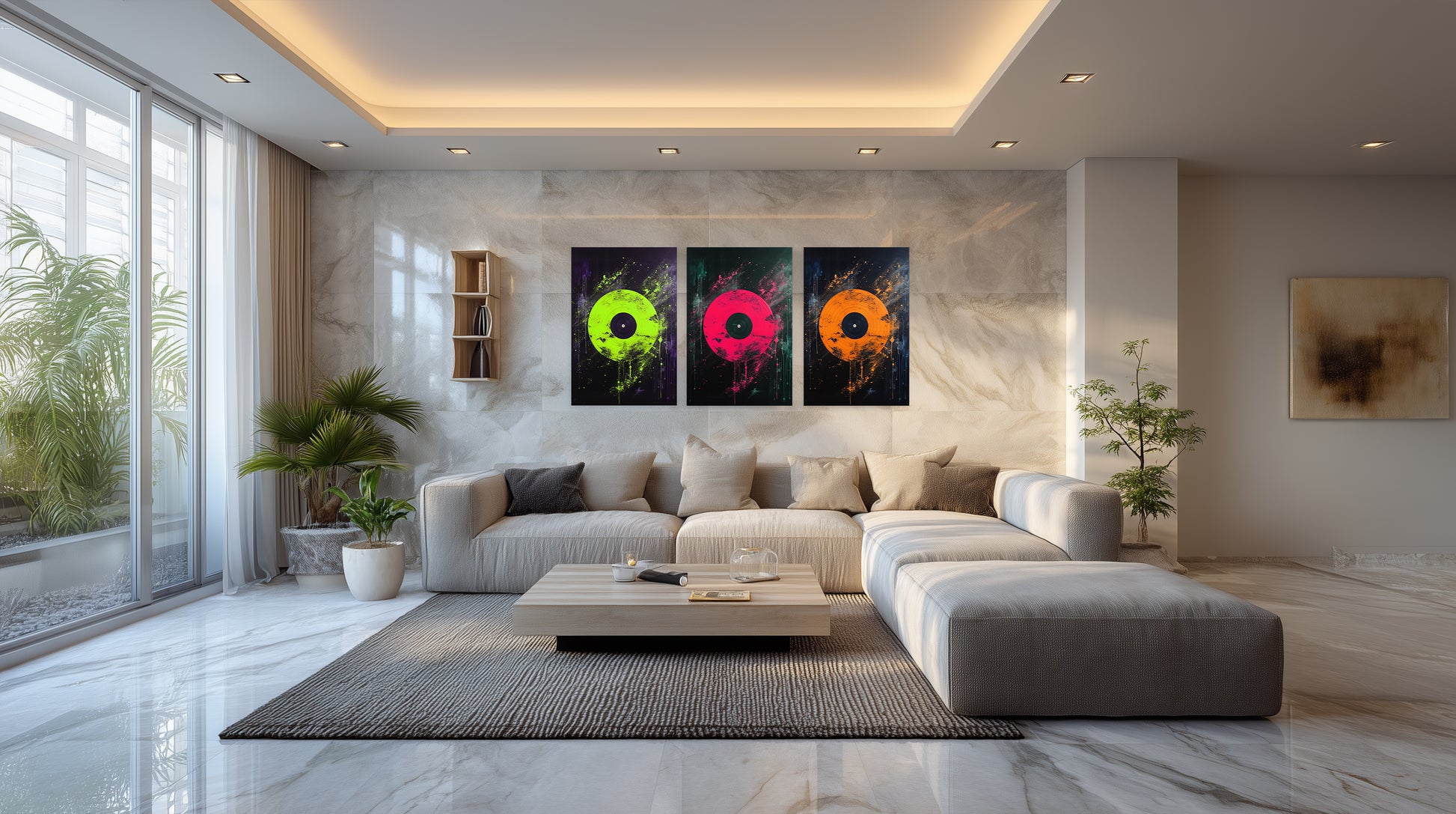 Close-up of triptych vinyl record prints showing color detail and modern design