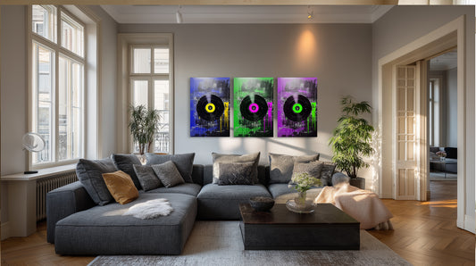 Aluminum print of triptych vinyl record wall art set in contemporary space