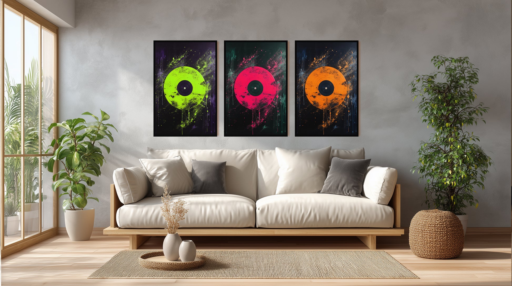 Framed triptych vinyl record posters with metal frame in studio setting