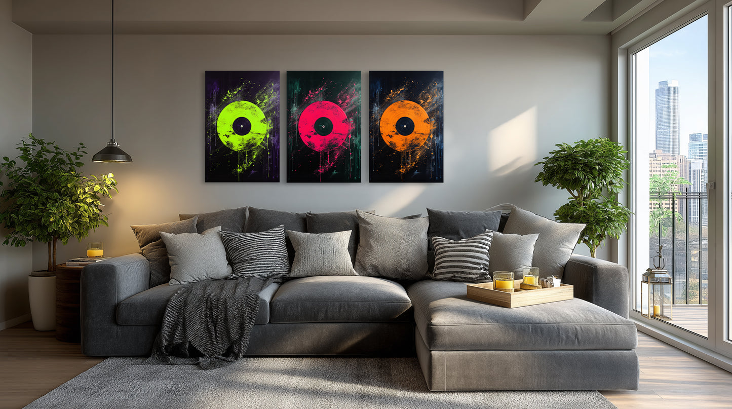 Vibrant triptych vinyl record wall art set in modern living room with green, pink, and orange prints