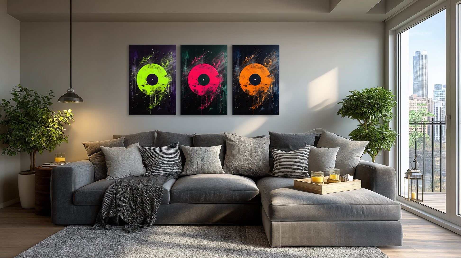 Vibrant triptych vinyl record wall art set in modern living room with green, pink, and orange prints