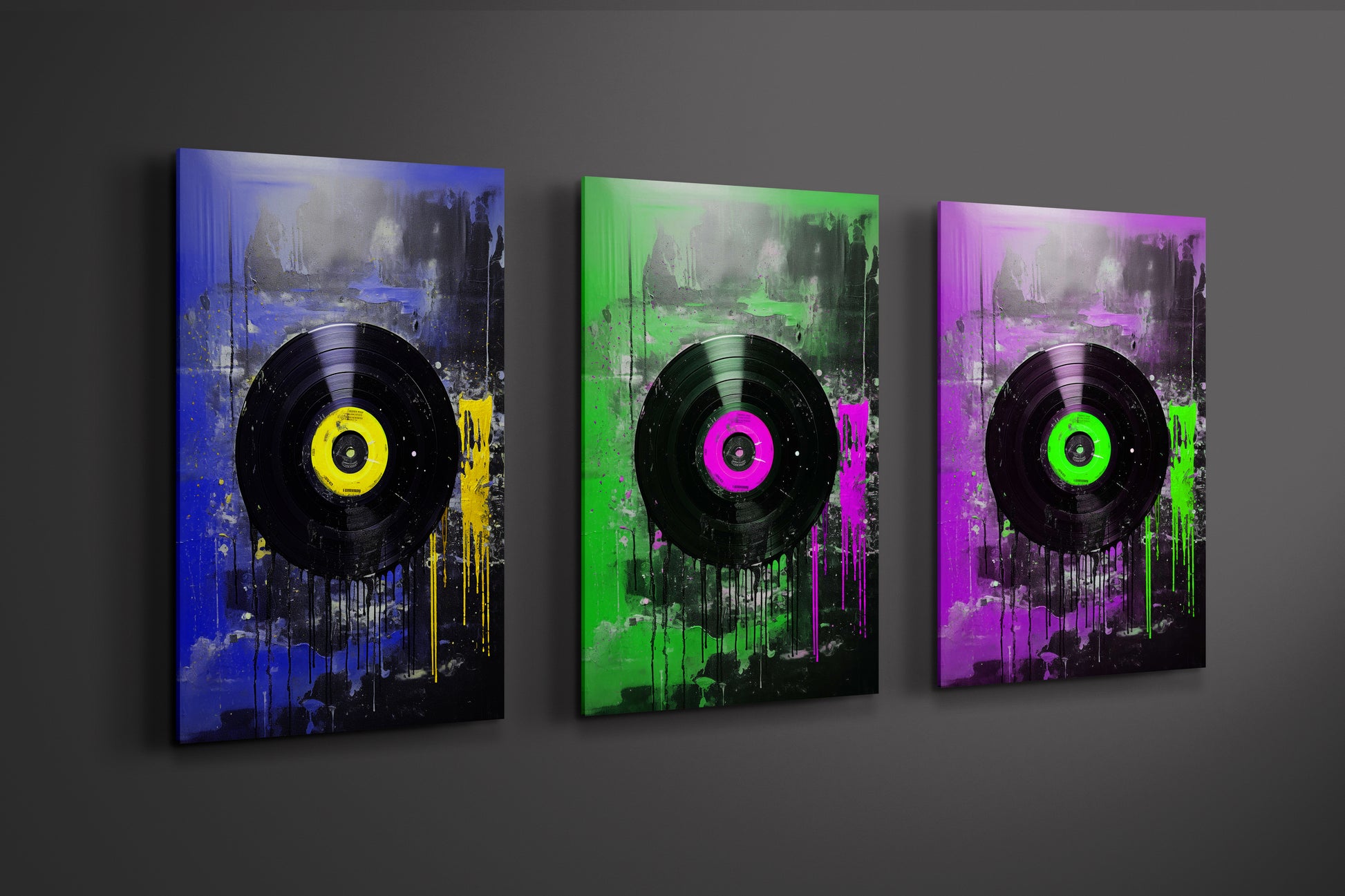 Framed vinyl record triptych wall art set with vibrant neon colors