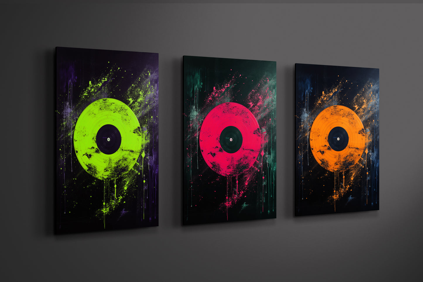 Aluminum sheet triptych vinyl record wall art on industrial background