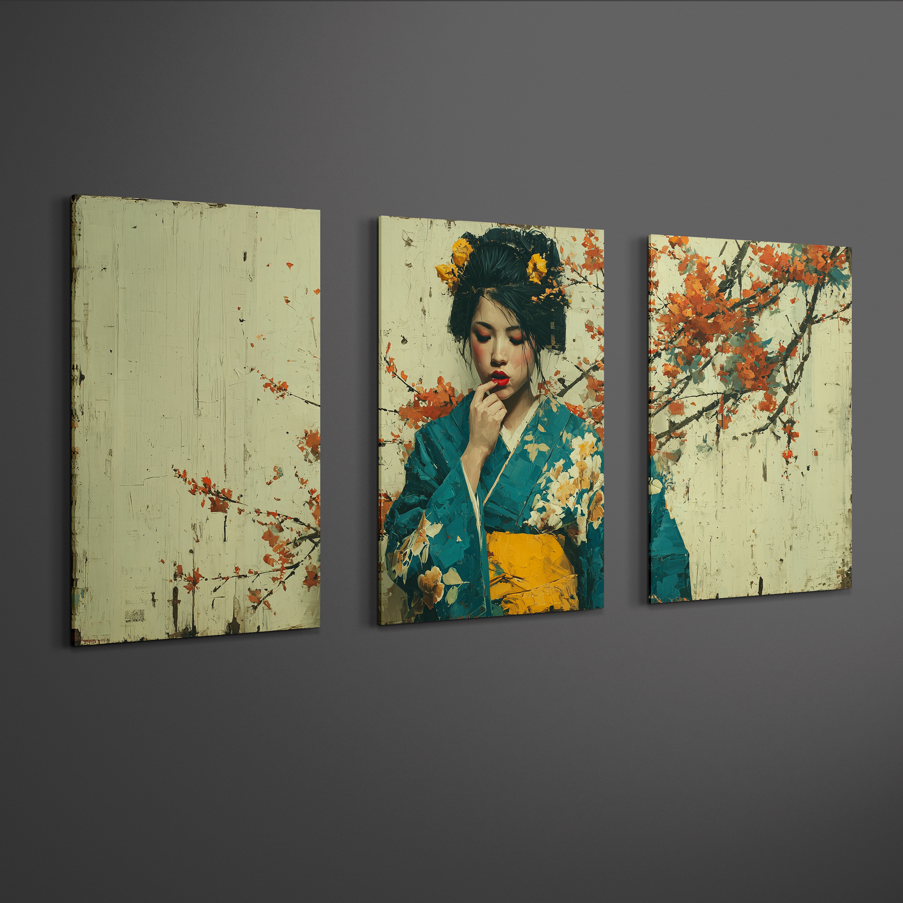 Japanese wall art triptych sized above a living room sofa