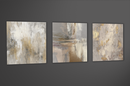 Luxe Gold & Grey Abstract Triptych | Minimalist Large Wall Art | Matte Aluminum Metal Print Set