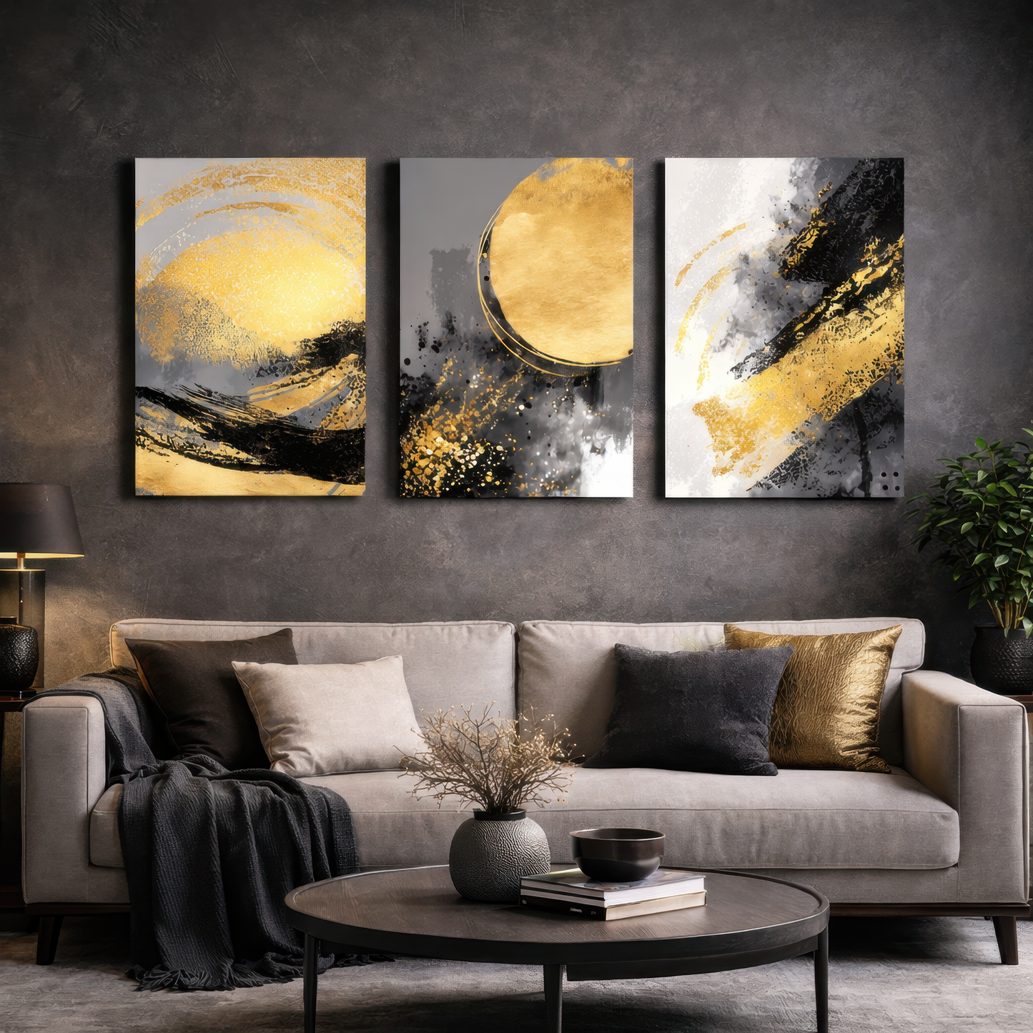 Black and gold abstract triptych canvas wall art mounted above sofa in living room — contemporary wall décor.