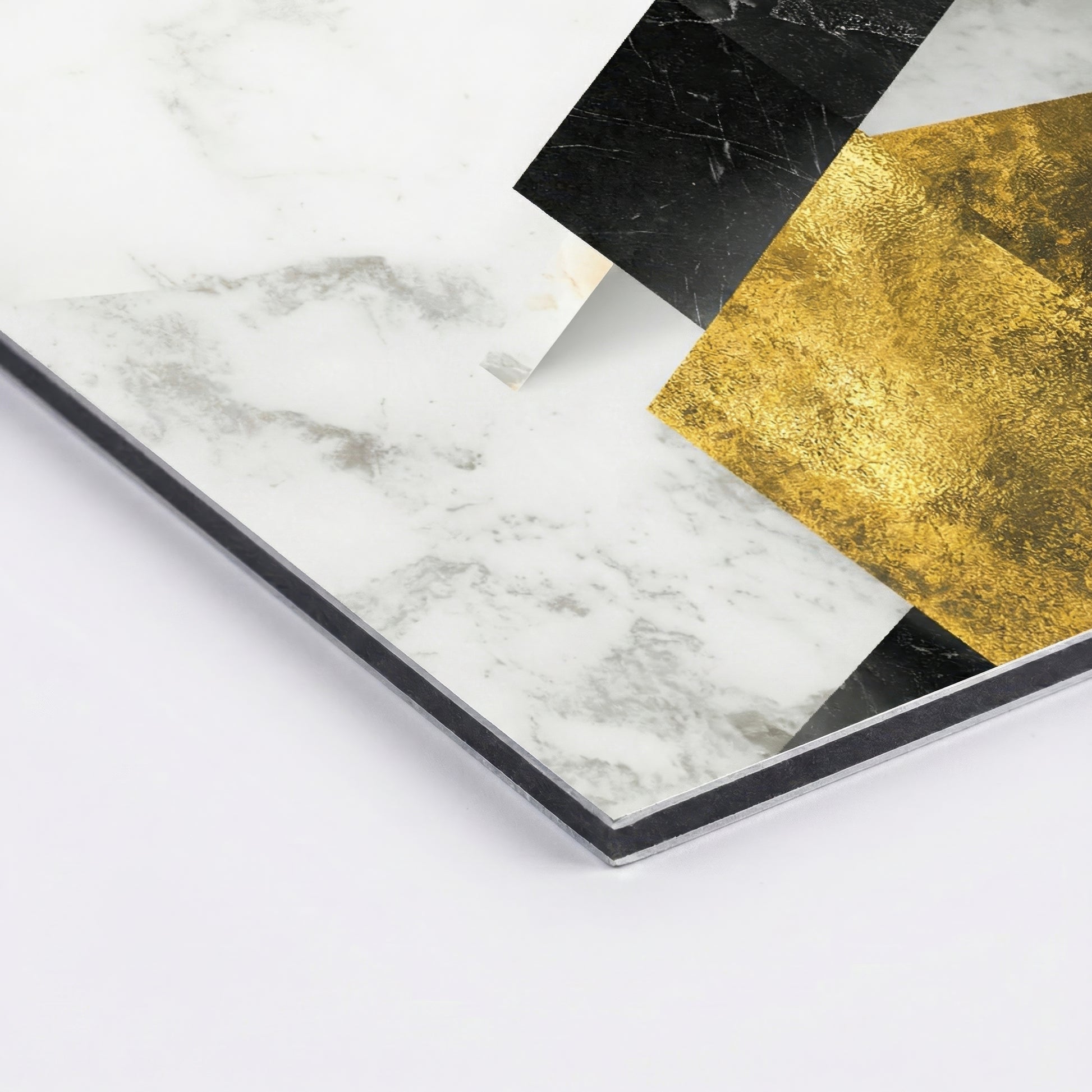 Close-up of gold, black and white geometric abstract wall art showing detailed canvas texture — premium decorative print.