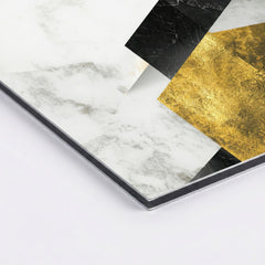 Close-up of gold, black and white geometric abstract wall art showing detailed canvas texture — premium decorative print.