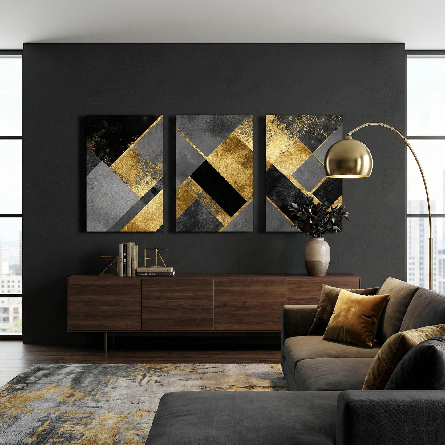 Abstract gold and black geometric triptych wall art displayed in a modern living room — premium décor piece.