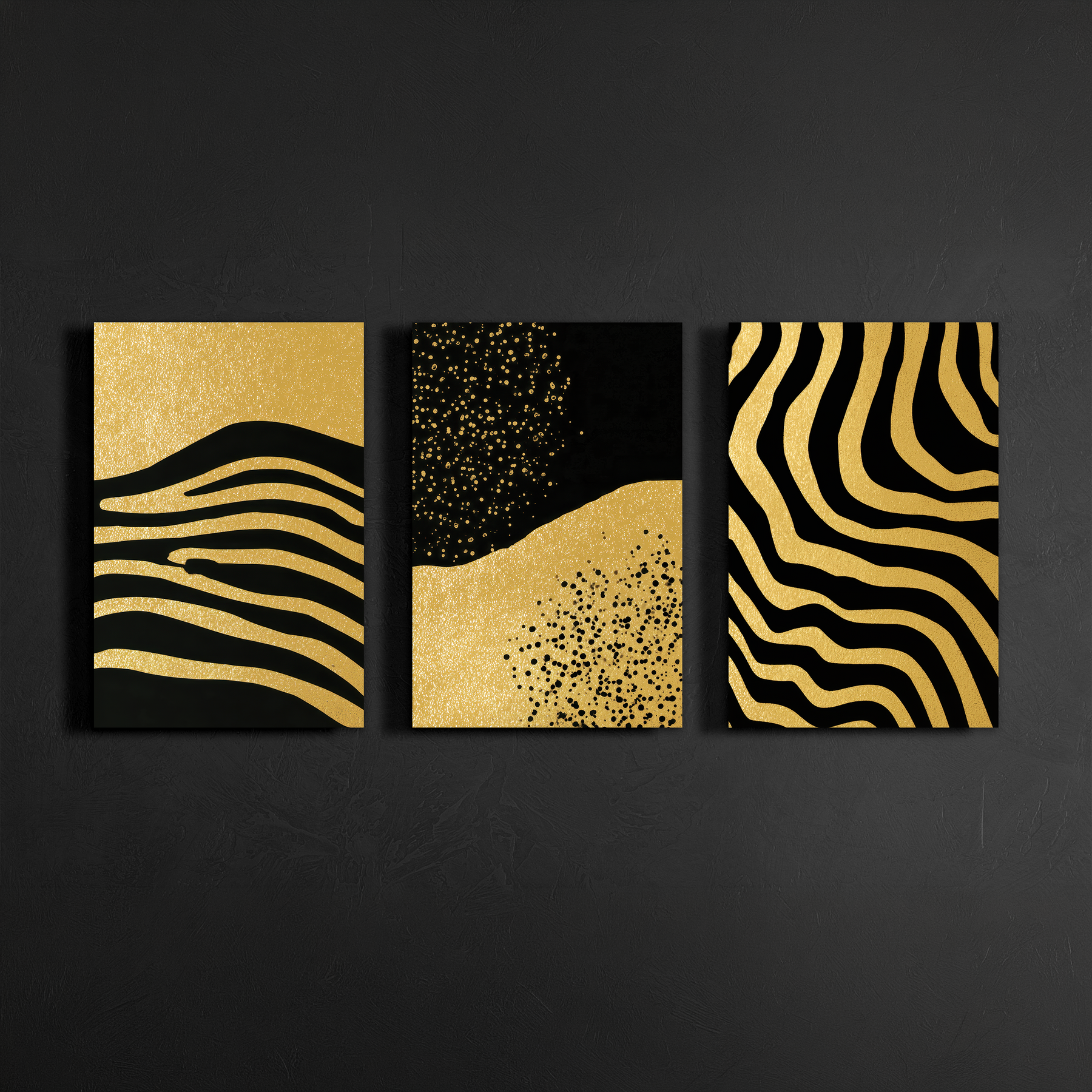 Front view of abstract gold and black wall art set on dark background – contemporary wall decor.