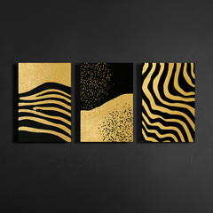 Front view of abstract gold and black wall art set on dark background – contemporary wall decor.