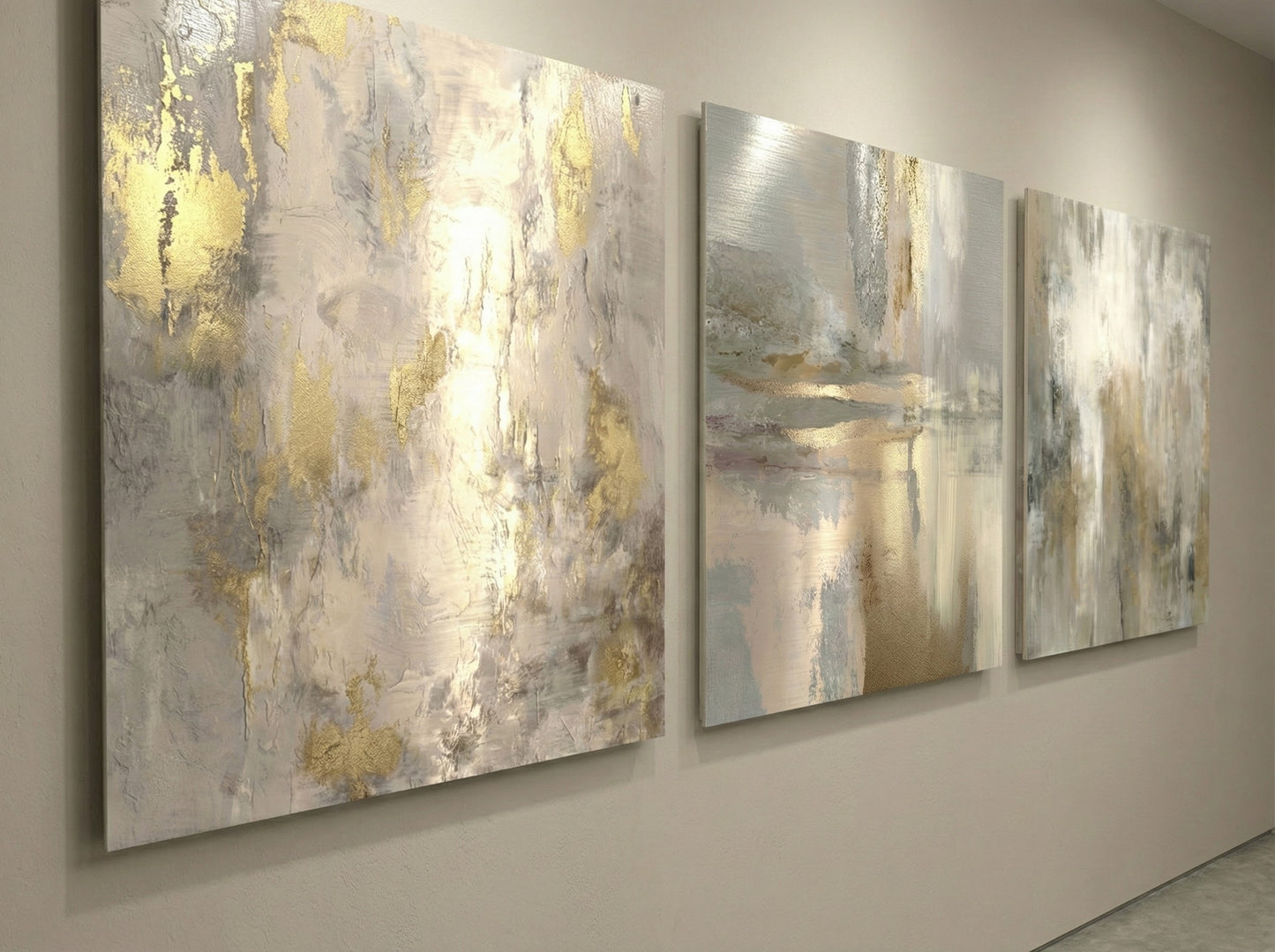 Three abstract art pieces in gold, silver, and gray on a wall.