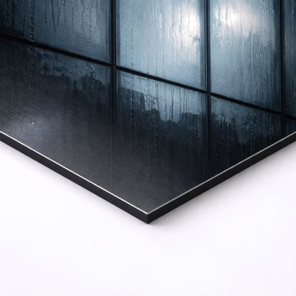 Close-up angled view of premium aluminum wall art showing rain on glass building facade with deep blue tones and floating mount edge detail