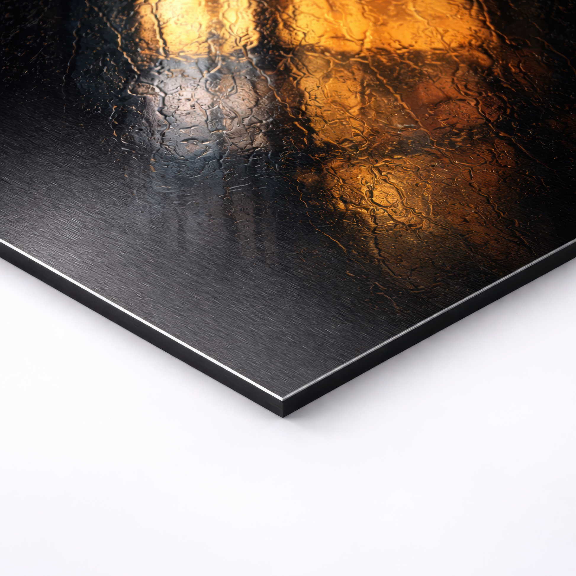 Close-up angled view of premium aluminum wall art showing warm amber city lights through rain textured glass, floating mount edge and matte finish visible