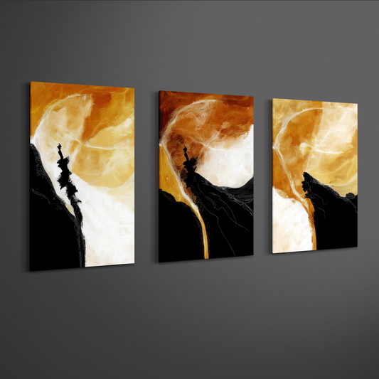 Angled view of orange, black and white abstract triptych canvas art on neutral wall — contemporary art décor mockup.