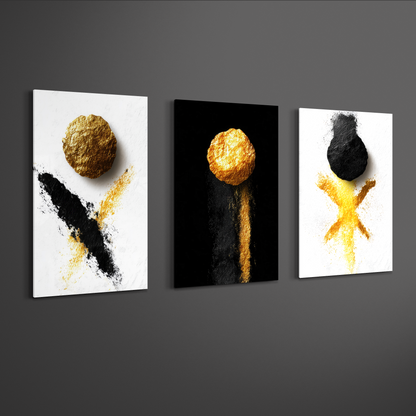 Angled view of black and gold abstract triptych wall art on neutral wall — three-panel aluminum print display.