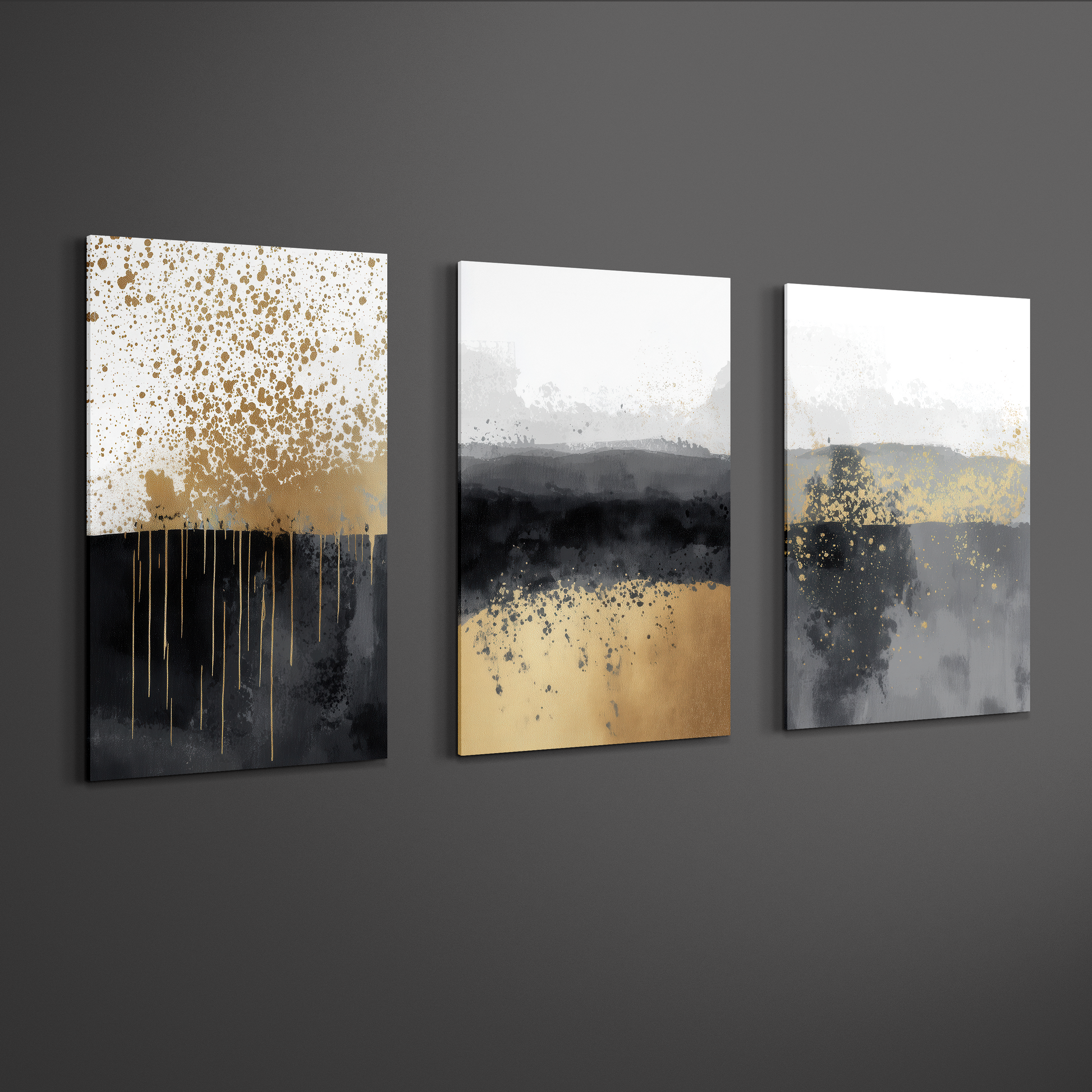 Angled view of gold, grey and black abstract triptych canvas art on neutral wall — modern decorative piece.