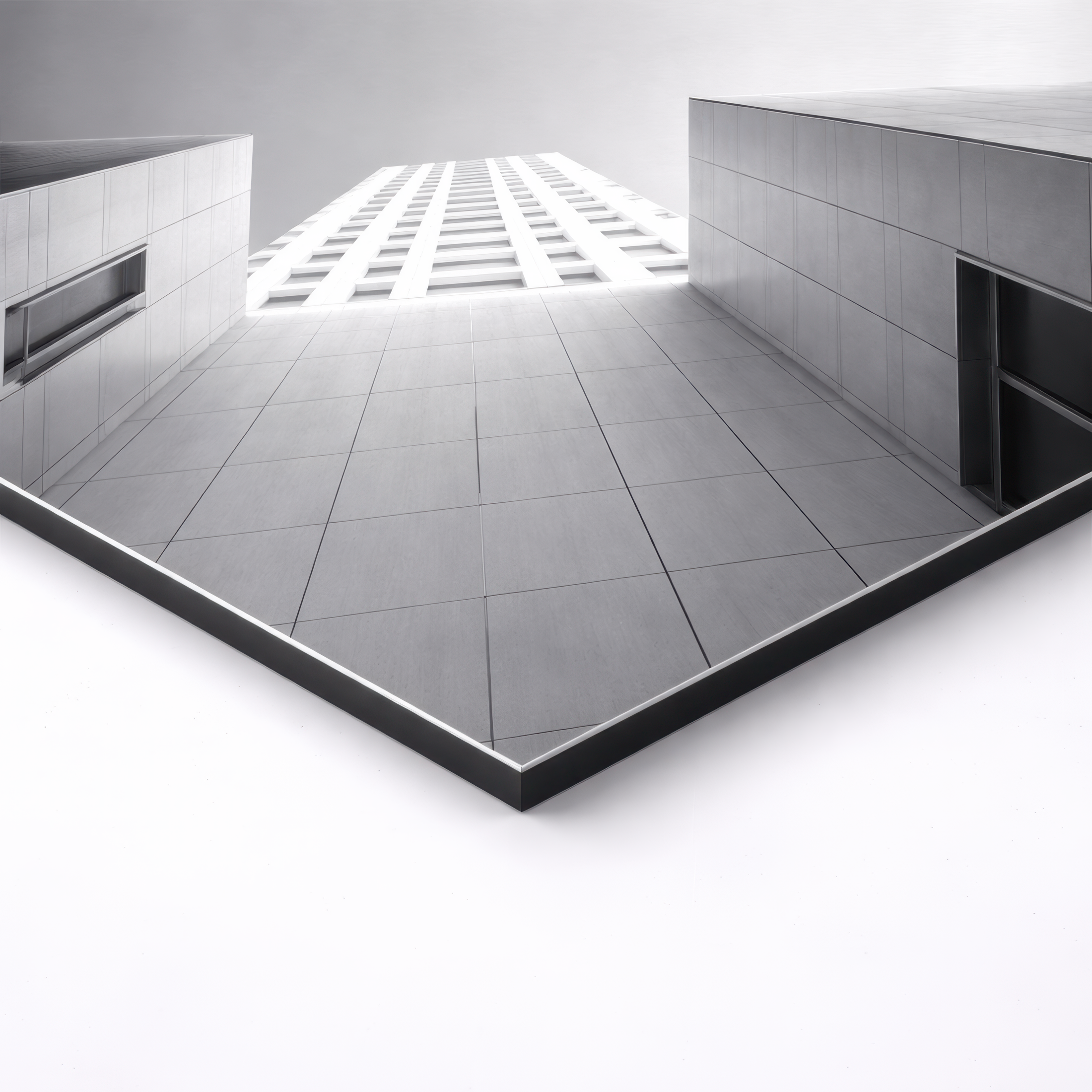 Close-up angled view of black and white architectural aluminum print showing sharp lines and urban symmetry, premium gallery style wall art