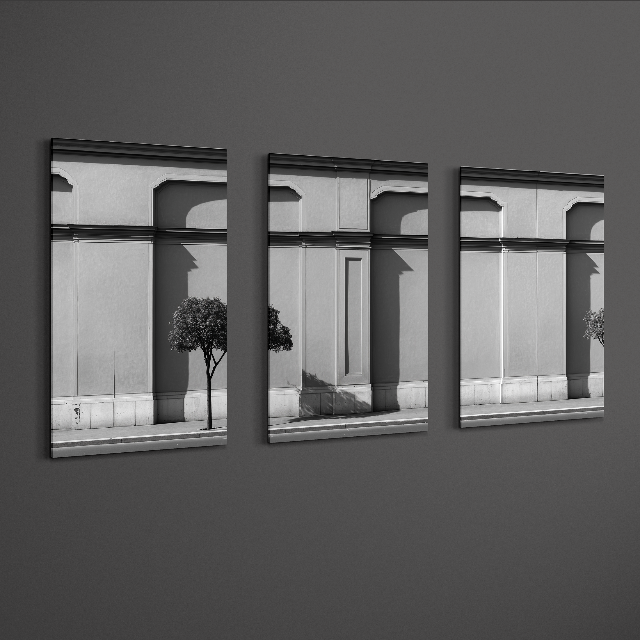 Angled side view of three panel monochrome facade wall art printed on smooth non brushed aluminum with slim 3mm profile and floating mount effect