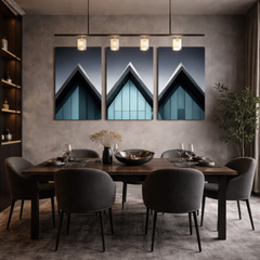 Three panel modern triangular glass facade artwork mounted above dining table in sophisticated contemporary dining room setting