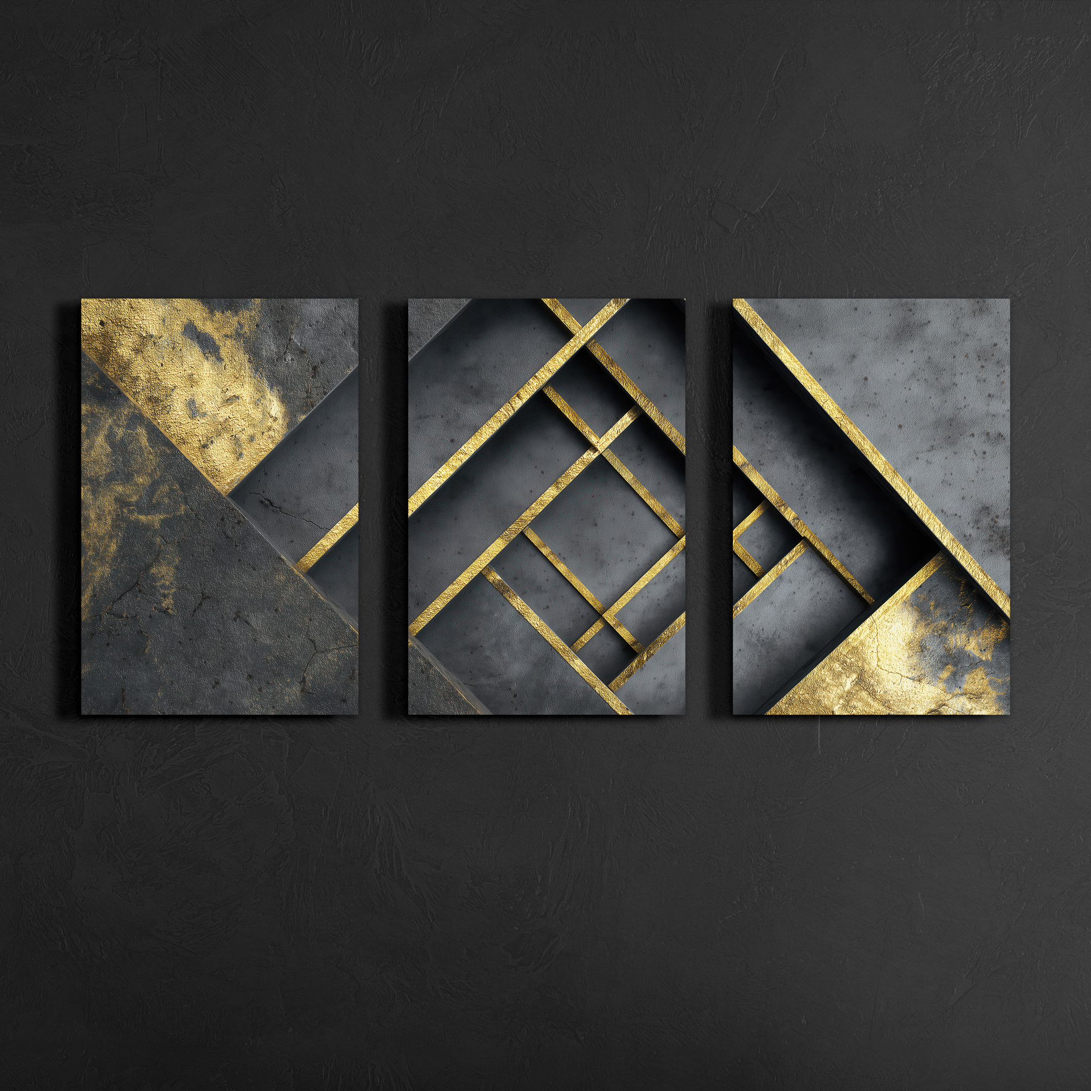 Black and gold abstract geometric triptych canvas art on textured black wall — modern decorative wall art.
