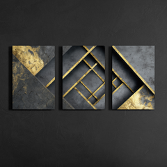 Black and gold abstract geometric triptych canvas art on textured black wall — modern decorative wall art.