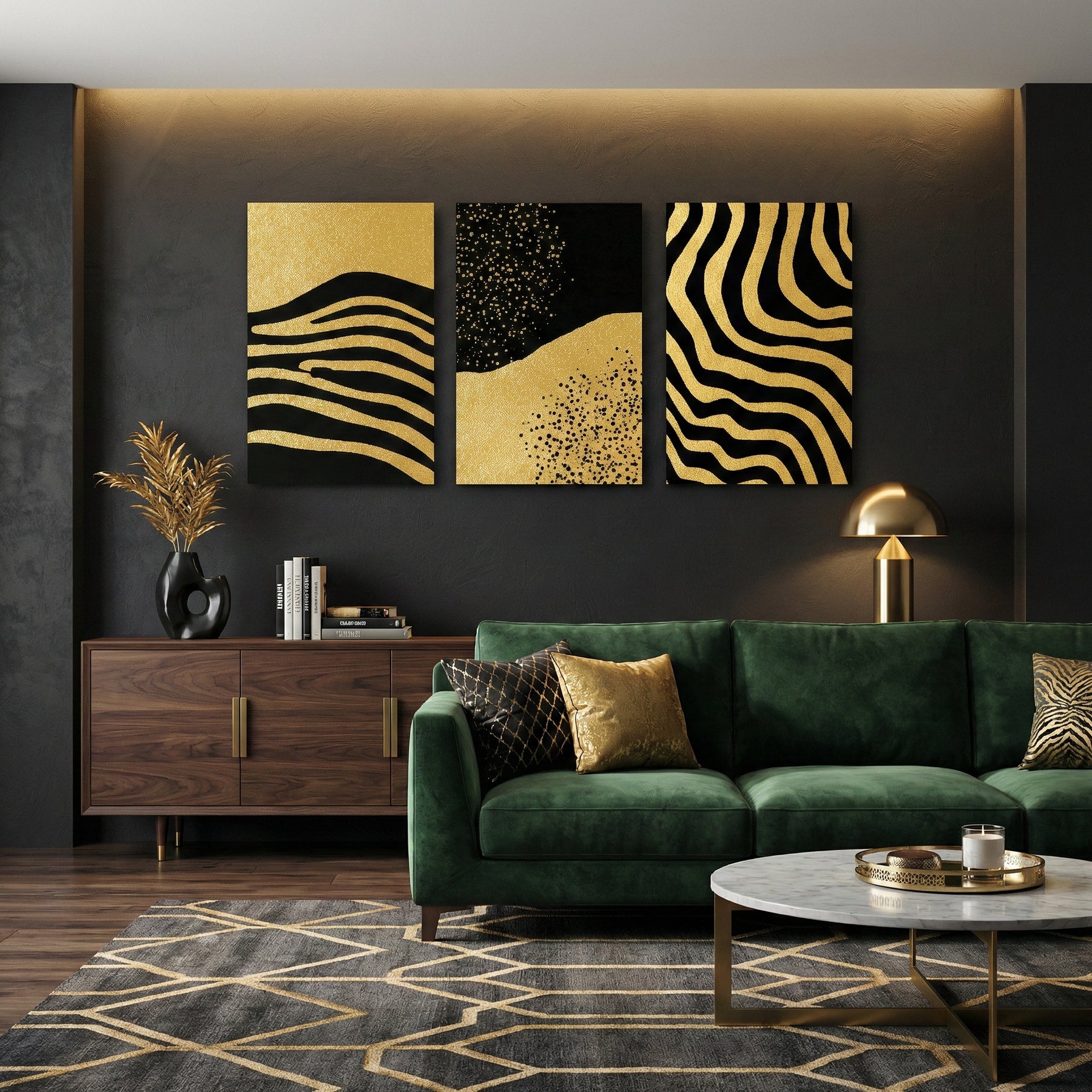 Black and gold abstract triptych wall art styled above a green sofa in brown living room — stylish décor.